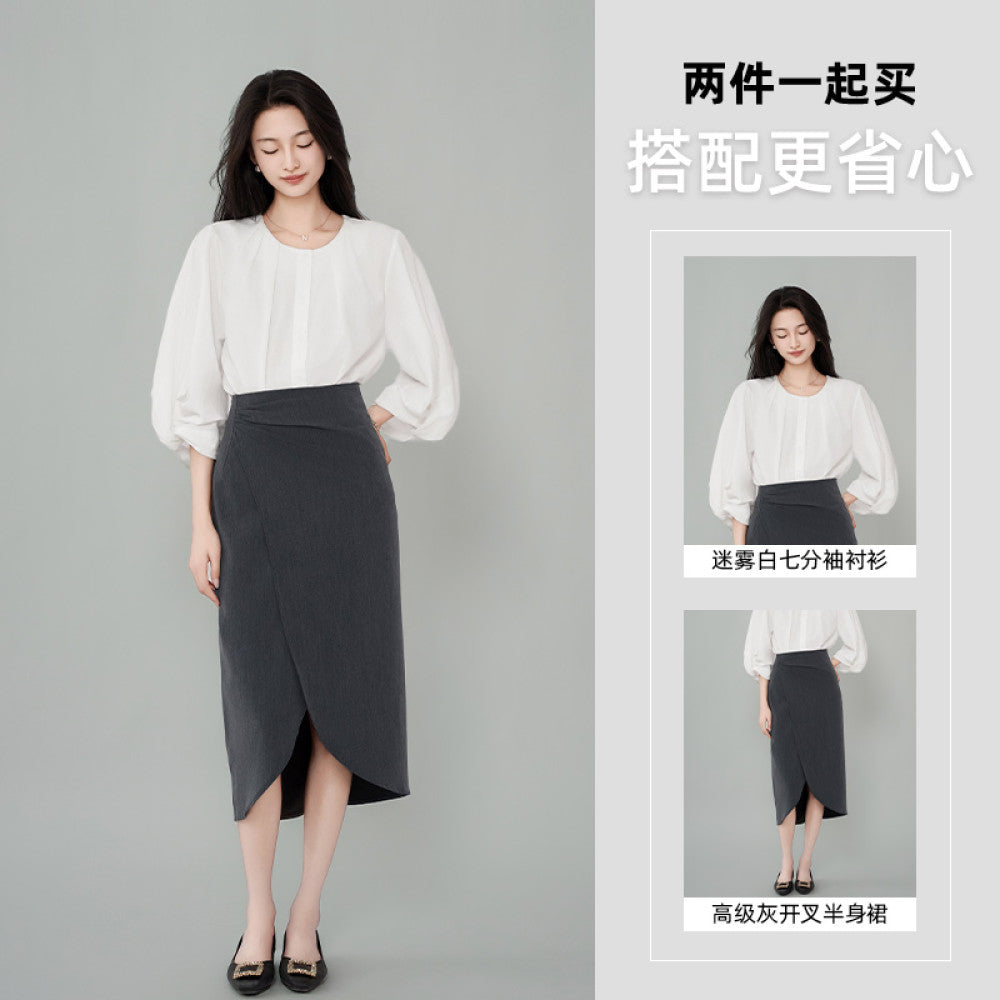 ACHU lightweight breathable round neck seven quarter sleeve white shirt for women s spring lantern sleeve design commuter top image 18