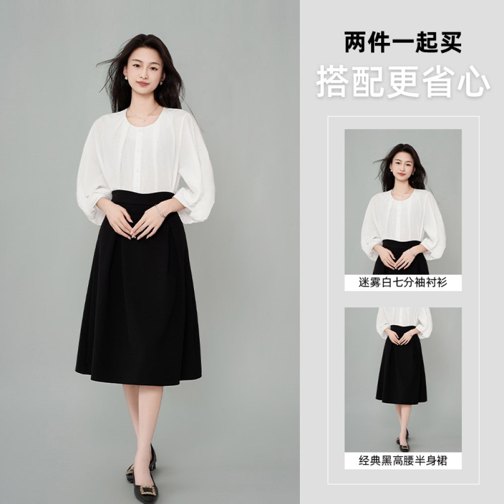 ACHU lightweight breathable round neck seven quarter sleeve white shirt for women s spring lantern sleeve design commuter top image 24