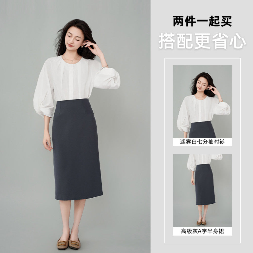 ACHU lightweight breathable round neck seven quarter sleeve white shirt for women s spring lantern sleeve design commuter top image 29