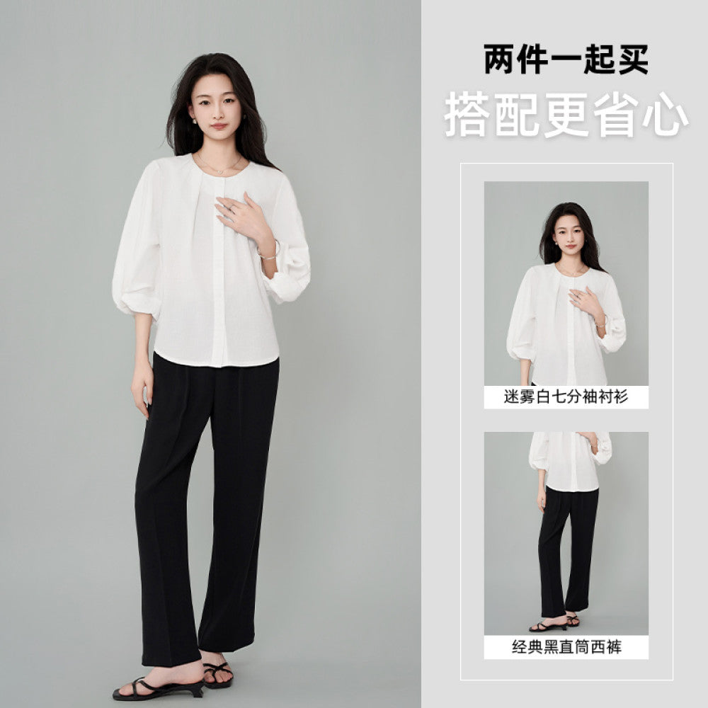 ACHU lightweight breathable round neck seven quarter sleeve white shirt for women s spring lantern sleeve design commuter top image 30