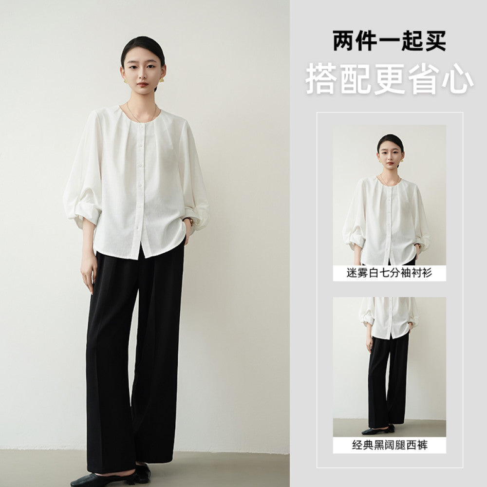 ACHU lightweight breathable round neck seven quarter sleeve white shirt for women s spring lantern sleeve design commuter top image 36