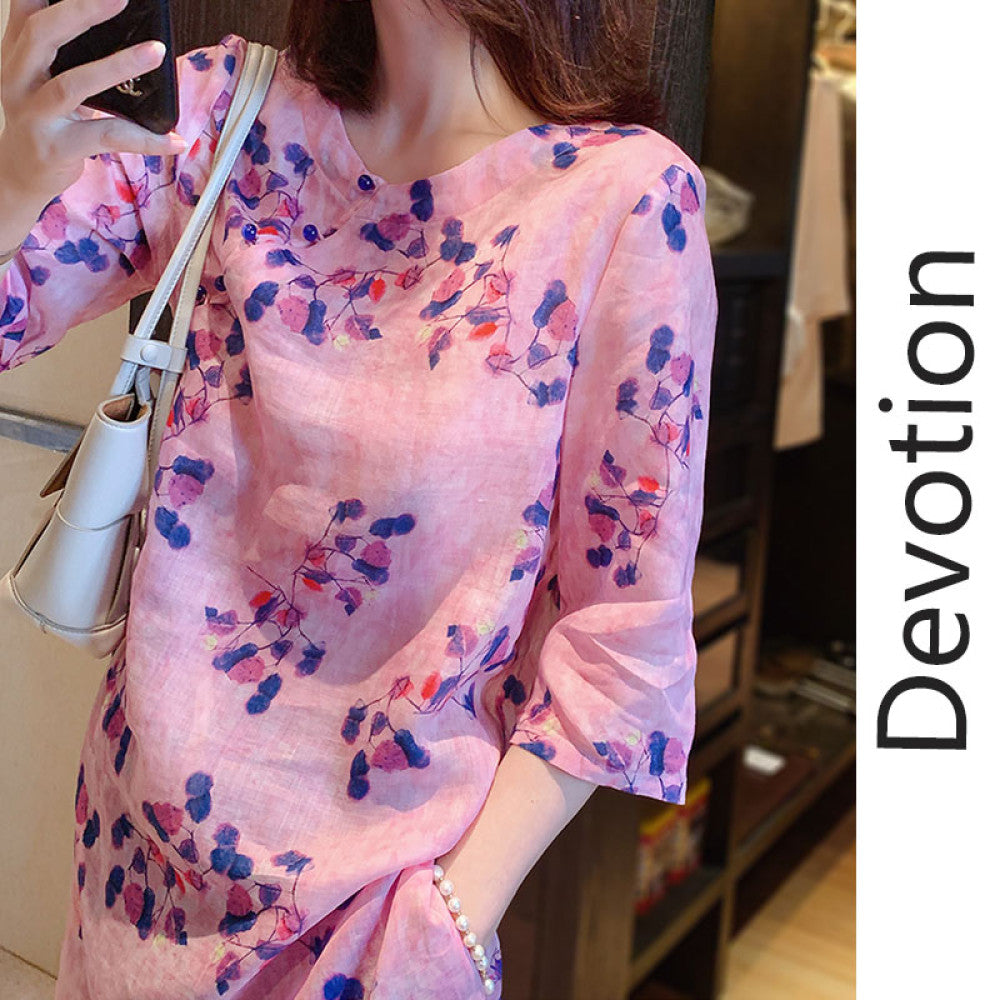 2025 Spring and Autumn New Shirt Women s Ramie Design niche retro Chinese style top improved cheongsam Tang style print image 7