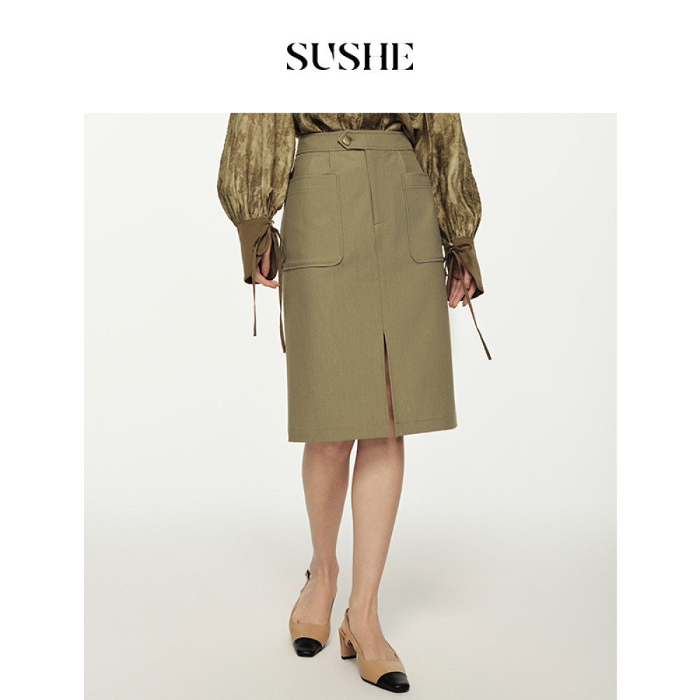 Outlet for sale SUSHE deconstructive new Chinese style standing cut double pleated patch bag with slit high waisted skirt for women image 6