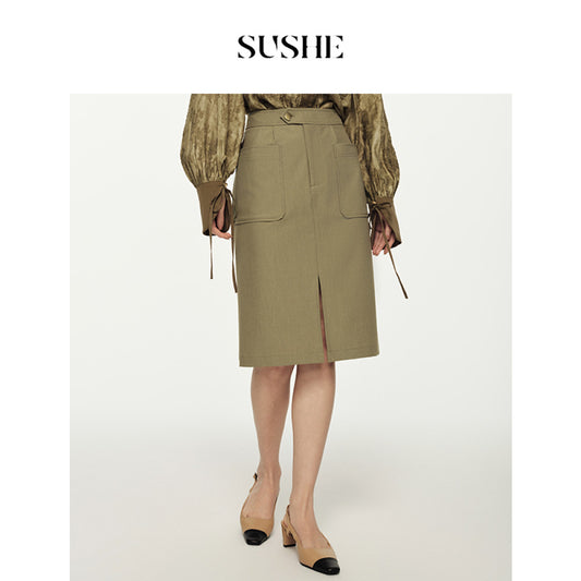 ASAYA2999 New Chinese style vertical cut double pleated patch pocket slit high waist skirt