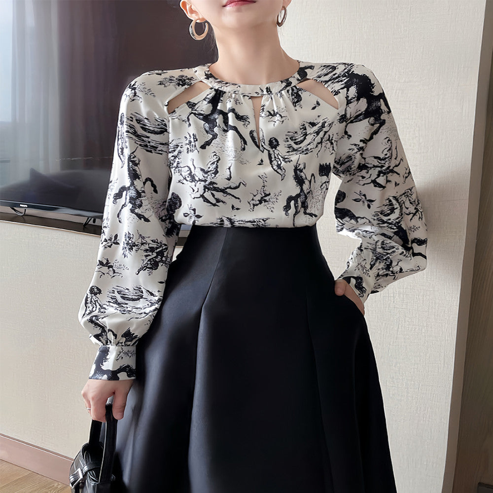 SUSUS black and white ink printed shirt for women s summer 2025 new hollow out niche design sense high end fashion top image 1