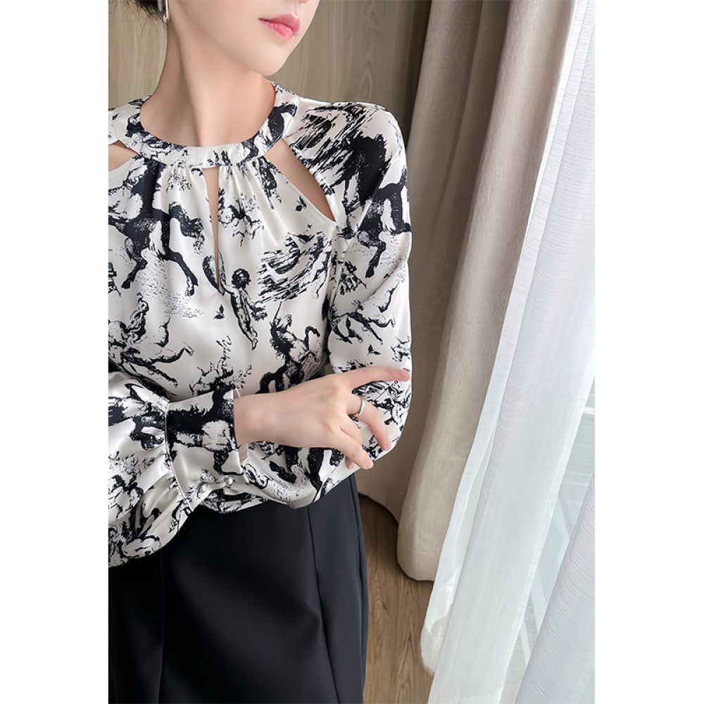 SUSUS black and white ink printed shirt for women s summer 2025 new hollow out niche design sense high end fashion top image 11