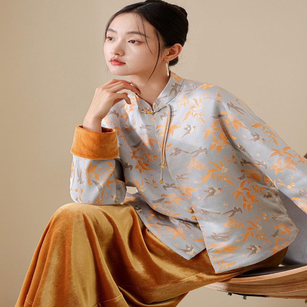Magpie Ascends Branches Cicada Begins Chinese Style Tang Coat for Women 2025 New Chinese Brocade Velvet Cotton Coat Set image 0