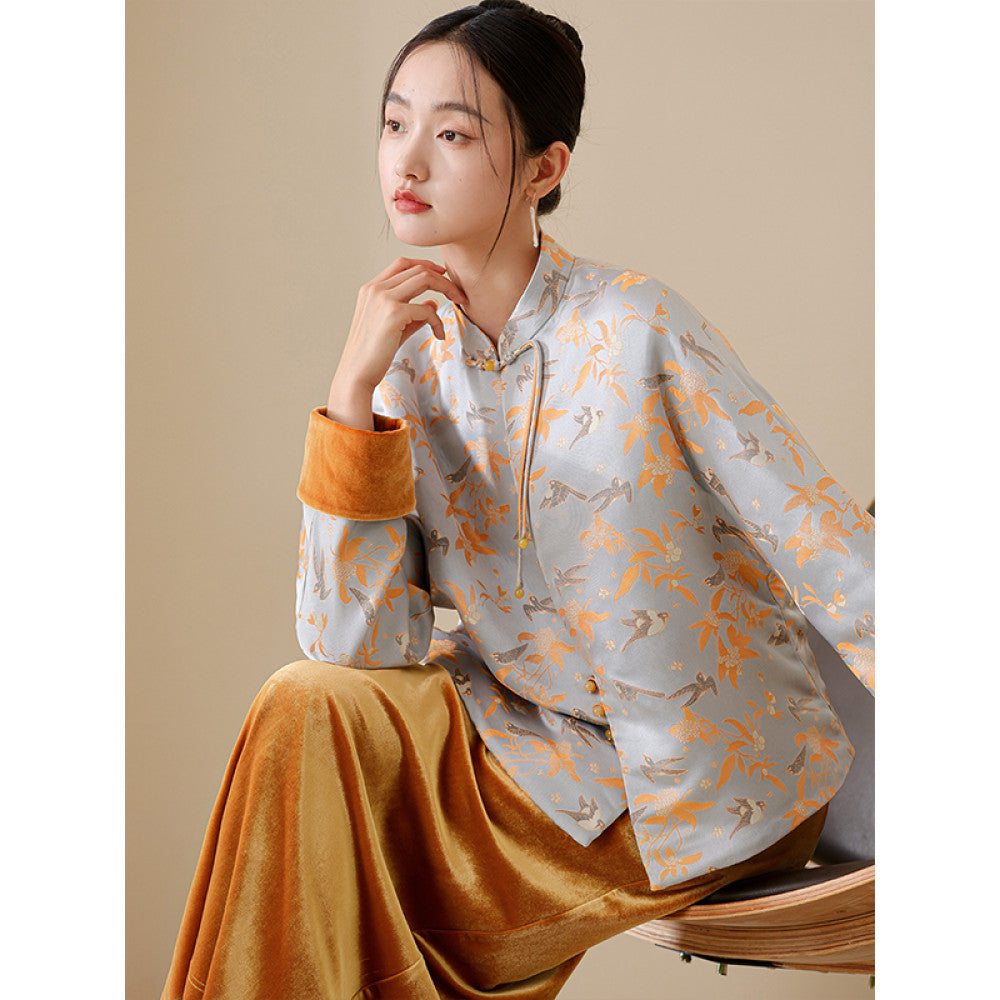 Magpie Ascends Branches Cicada Begins Chinese Style Tang Coat for Women 2025 New Chinese Brocade Velvet Cotton Coat Set image 11