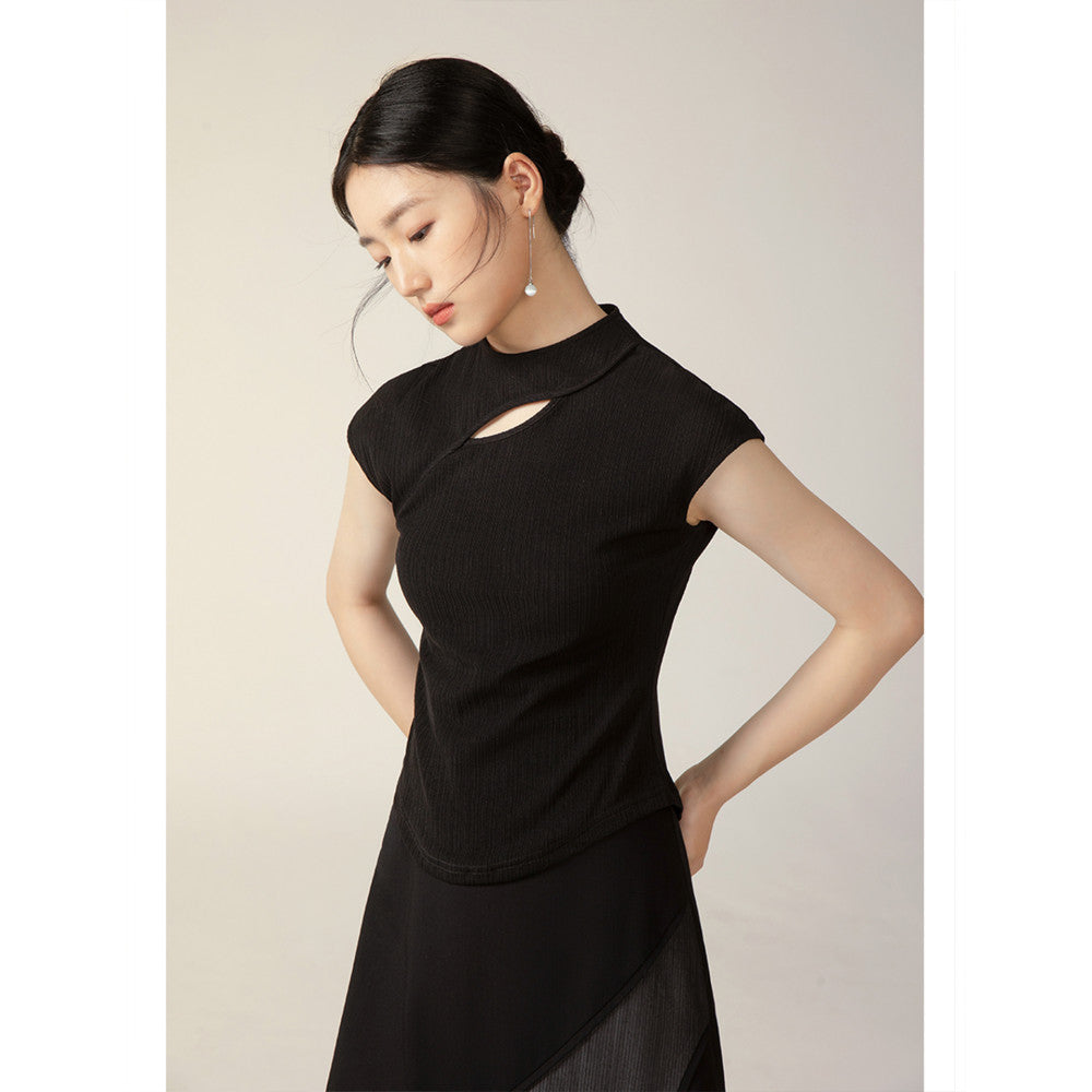 Yiyan New Chinese Knitted Top for Women 2024 New Black Texture Broken Cave National Style Slimming T shirt Short Sleeve image 10