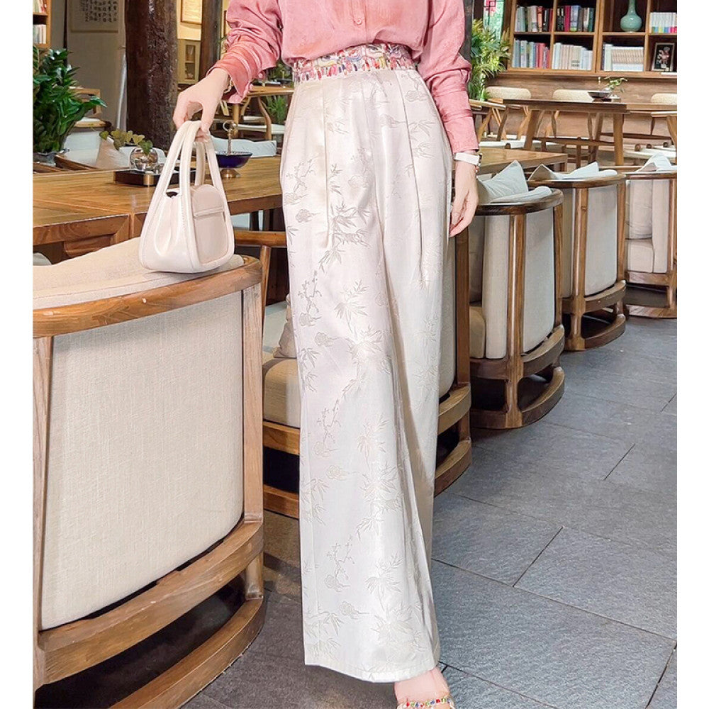 High quality goods Heavy Industry Embroidered Silk Jacquard White New Chinese Style Wearing National Style Pants Children s 2025 Early Spring Wide Leg Pants image 8