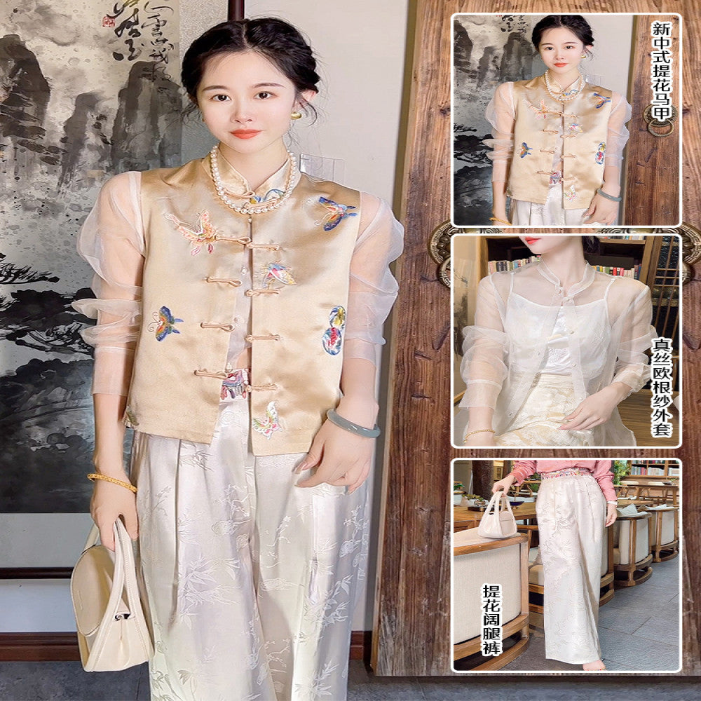 High quality goods Heavy Industry Embroidered Silk Jacquard White New Chinese Style Wearing National Style Pants Children s 2025 Early Spring Wide Leg Pants image 44