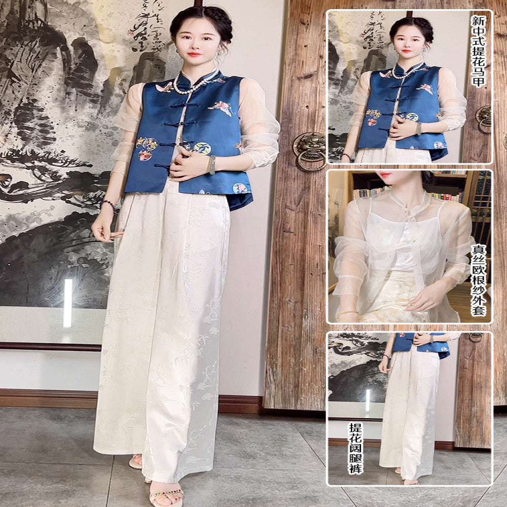 High quality goods Heavy Industry Embroidered Silk Jacquard White New Chinese Style Wearing National Style Pants Children s 2025 Early Spring Wide Leg Pants image 53
