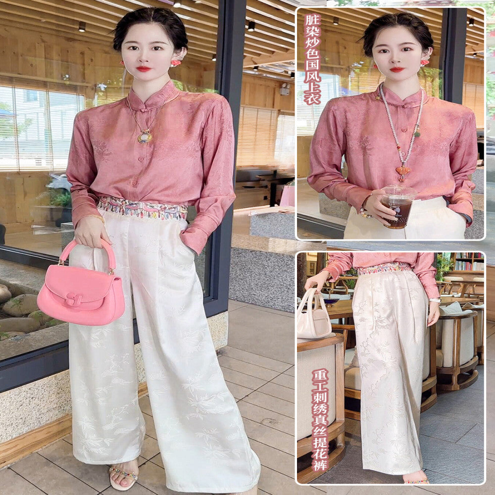ASAYA2978 Heavy embroidery silk jacquard white new Chinese style national style pants (SILK MATERIAL)