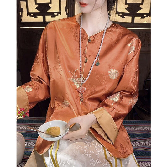 ASAYA2974 Golden Satin Butterfly Love Flower Caramel Color New Chinese Style Women’s National Style Jacket *JACKET ONLY , NO SKIRT (SILK MATERIAL)