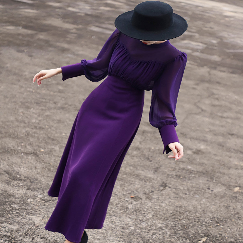 Lanser s 2025 autumn new style elegant and high end style stand collar lace up long sleeved waist cinched solid color dress for women image 1