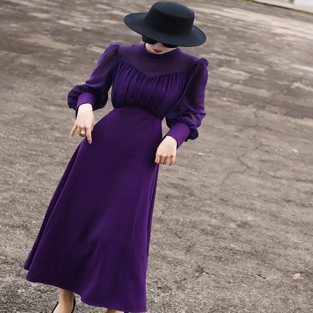 Lanser s 2025 autumn new style elegant and high end style stand collar lace up long sleeved waist cinched solid color dress for women image 14