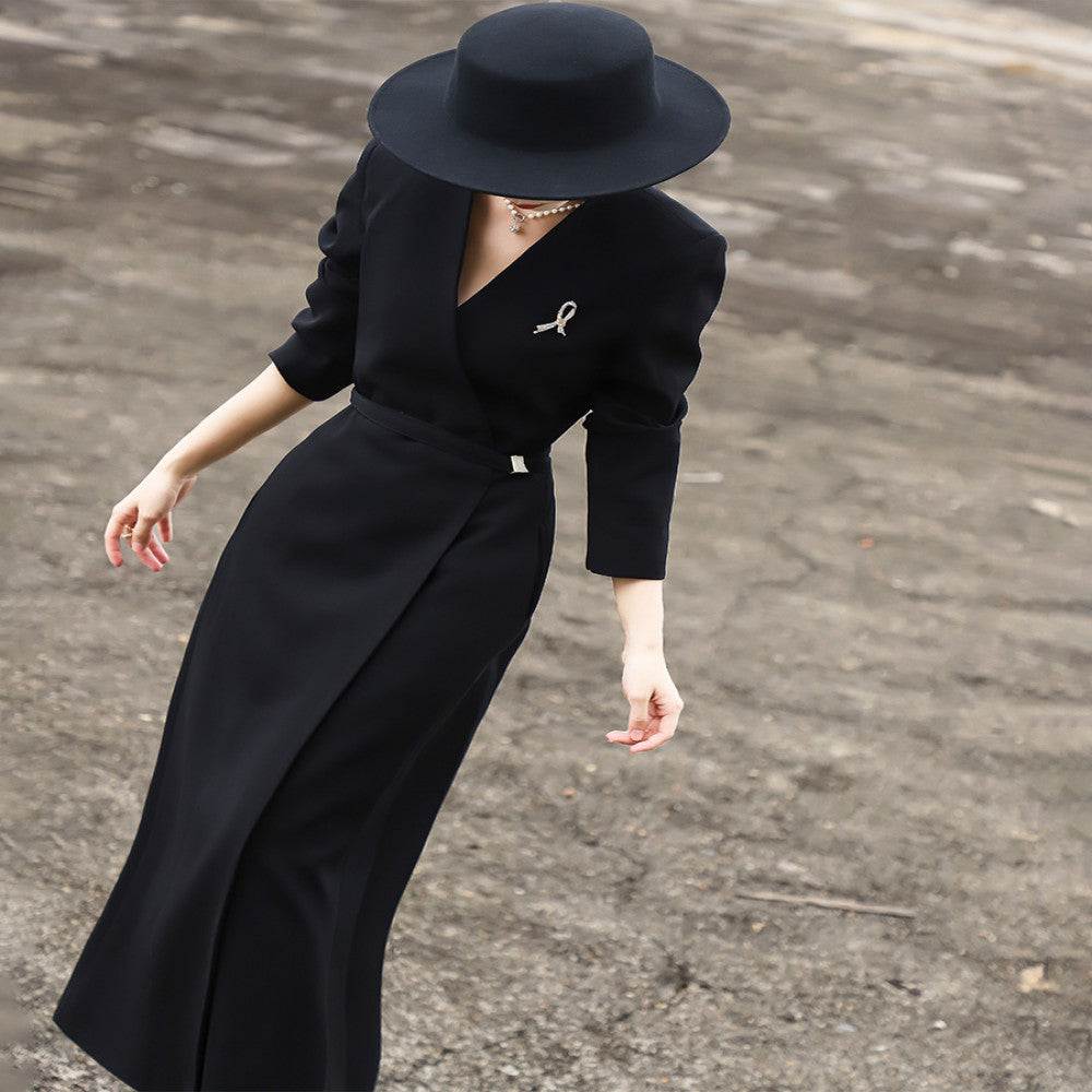 Lanser 2025 Autumn New Style High End Temperament Commuter Look Thin V neck Acetate Black Suit Dress for Women image 15