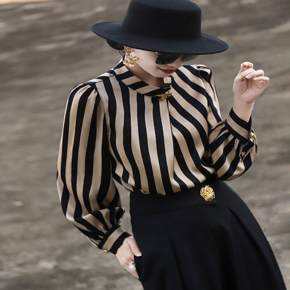 Lanser 2025 early autumn new high end temperament commuter long sleeved stand up collar metal buckle striped shirt top for women image 0