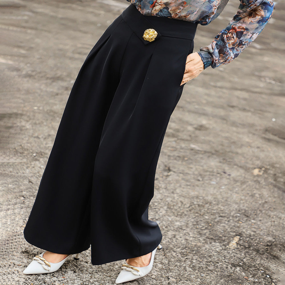 Lanser s 2025 autumn new style exudes a sense of luxury and versatile commuting pants High waisted slim black wide leg pants for women image 11