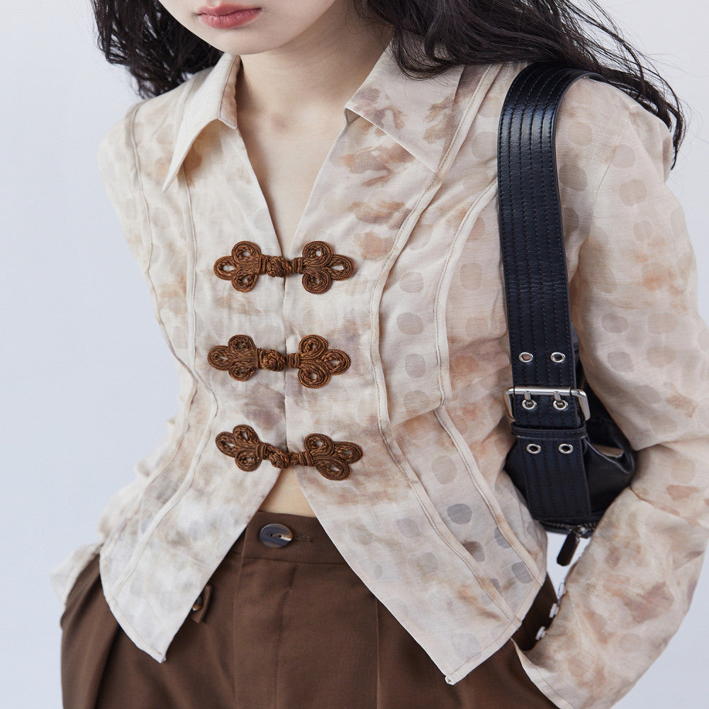 Yuanque Event Original New Chinese Tie Dye Shirt Women s Autumn Design Maillard Button Slim Shirt image 9