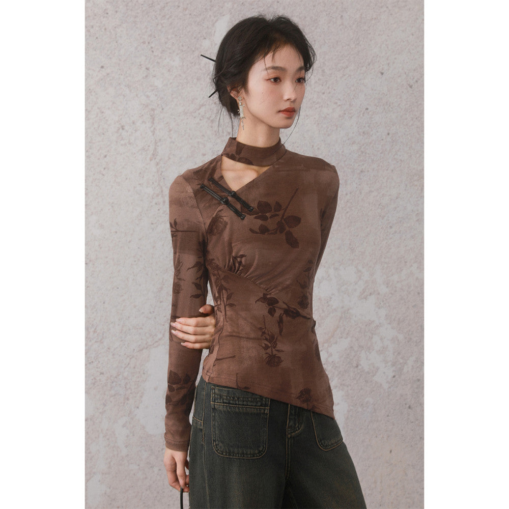 Round and missing INGKO new Chinese autumn style buckle light Chinese style hollow design inkstone gray slimming long sleeved women s top T shirt image 17