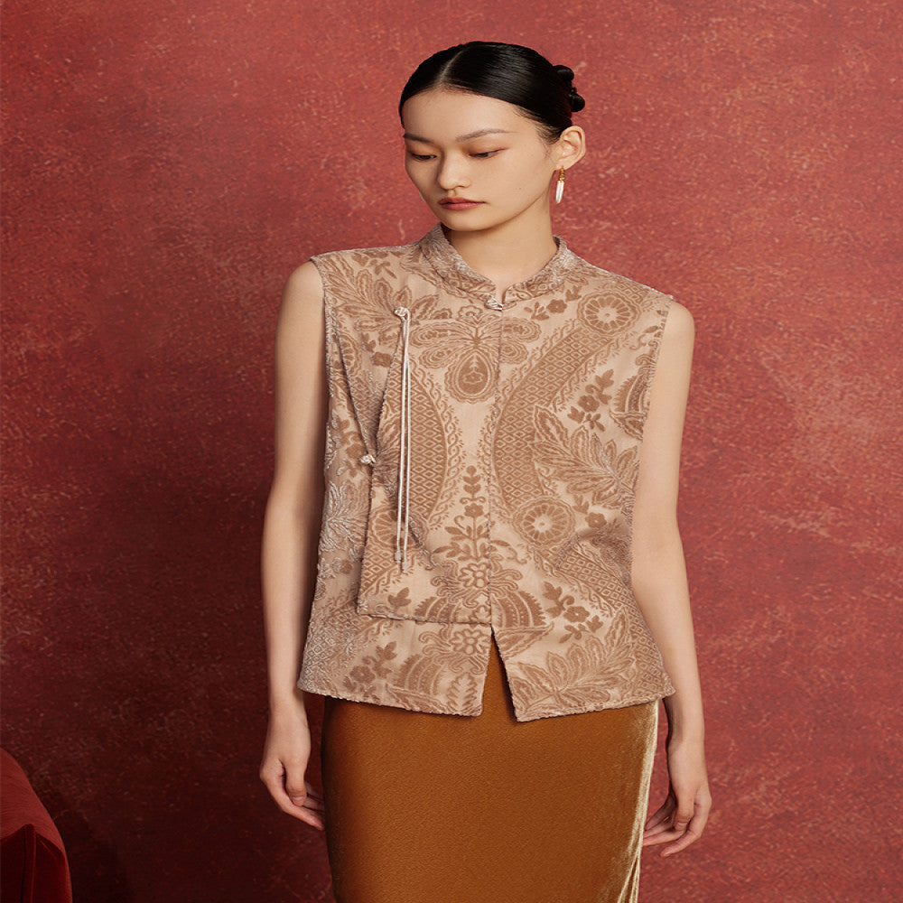 Ruyi Lianyun Spring Summer New Collection Stand up Collar Burnt Velvet Vest Women s Retro New Chinese Style Jade Bead Tassel Shoulder image 0