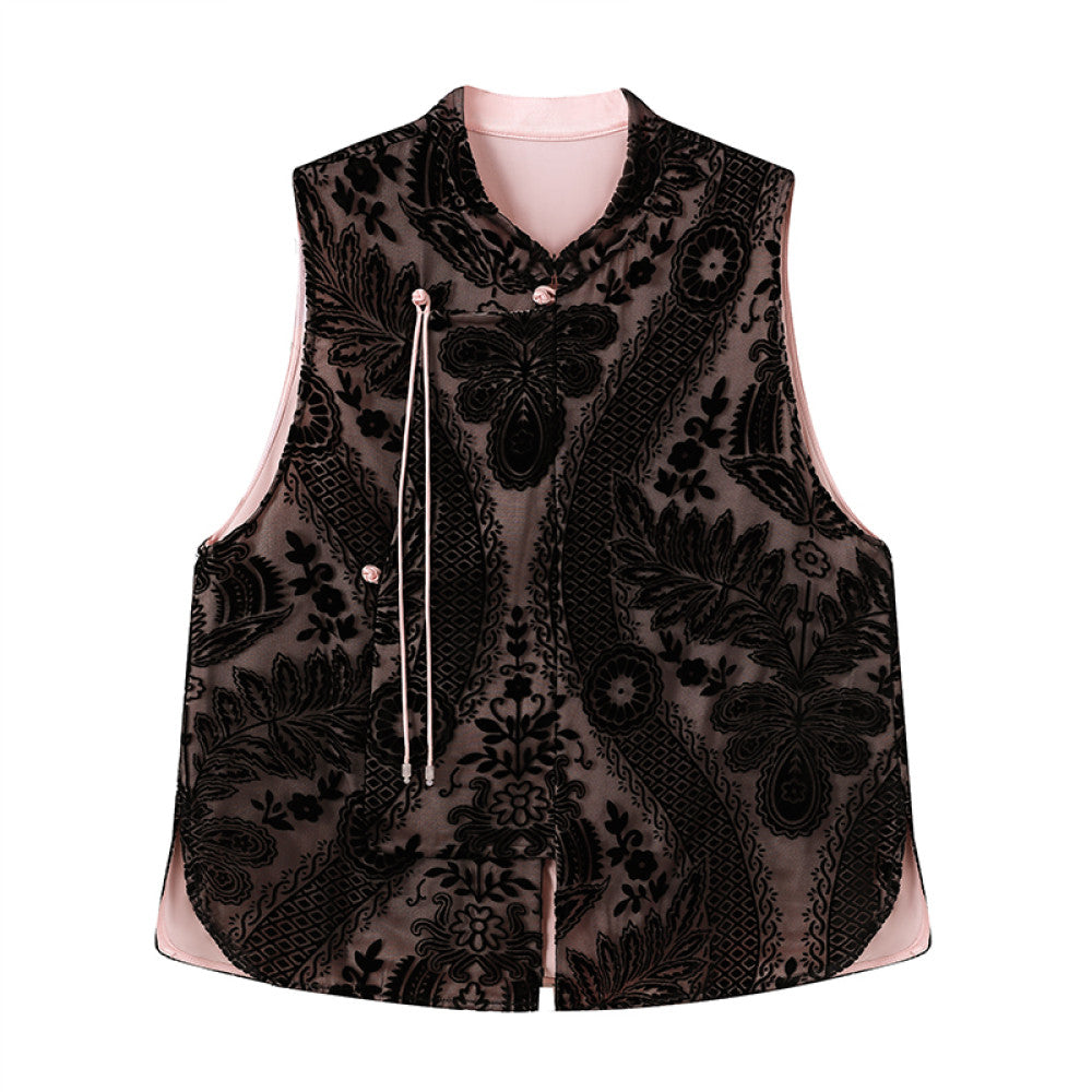 ASAYA2948 Spring New Stand Collar Burnt Flower Velvet Vest