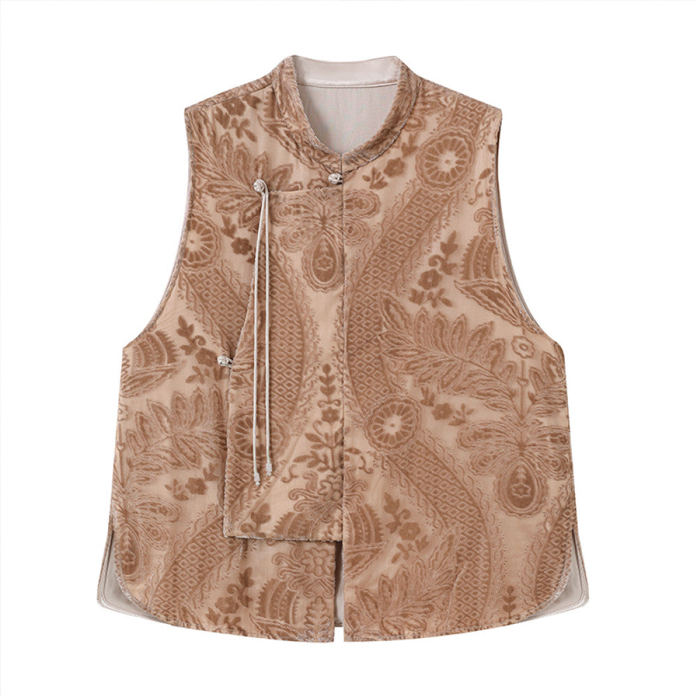 Ruyi Lianyun Spring Summer New Collection Stand up Collar Burnt Velvet Vest Women s Retro New Chinese Style Jade Bead Tassel Shoulder image 15
