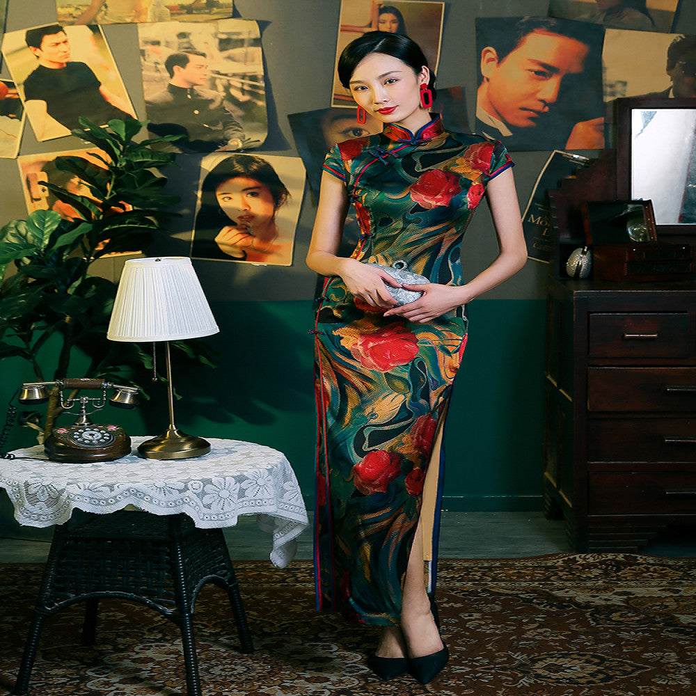 Four Miss Old Shanghai Retro Republic of China Style Silk Cheongsam Mom Long Style Fashion Show Performance High end Atmosphere and Grade image 0