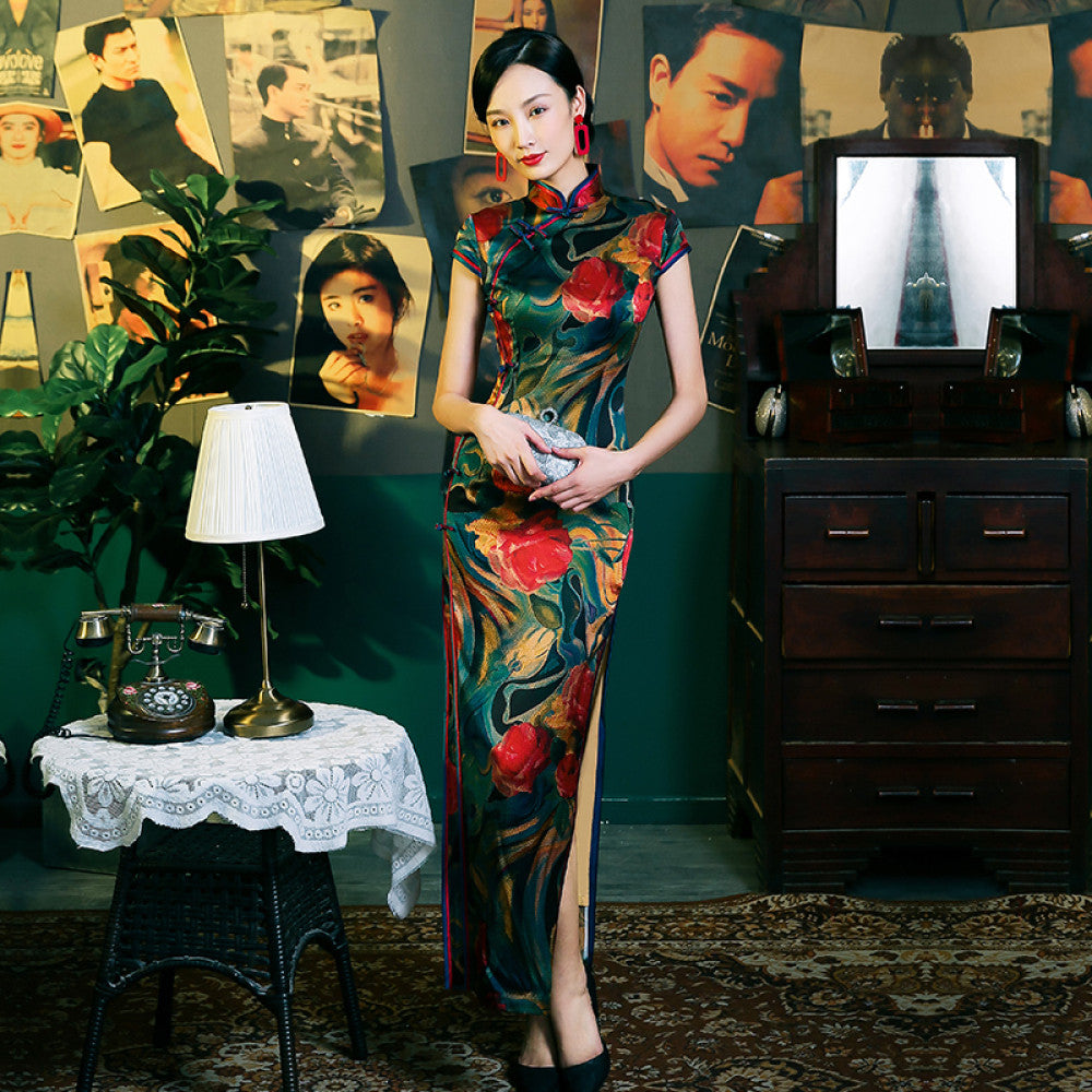 Four Miss Old Shanghai Retro Republic of China Style Silk Cheongsam Mom Long Style Fashion Show Performance High end Atmosphere and Grade image 14