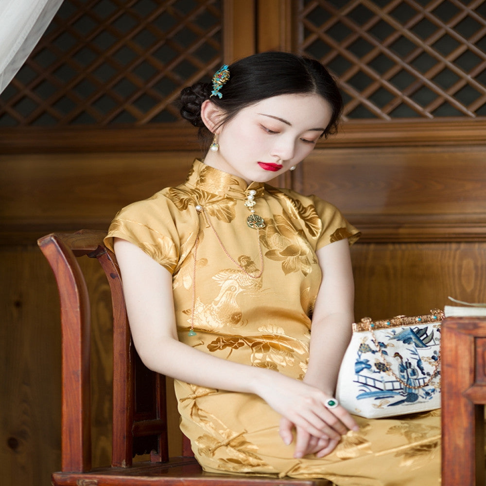 Hometown Dream Seeking One City Style Republic of China Style Jacquard Satin Handmade Plate Buckle Unlimited One Piece Short Cheongsam Original image 0