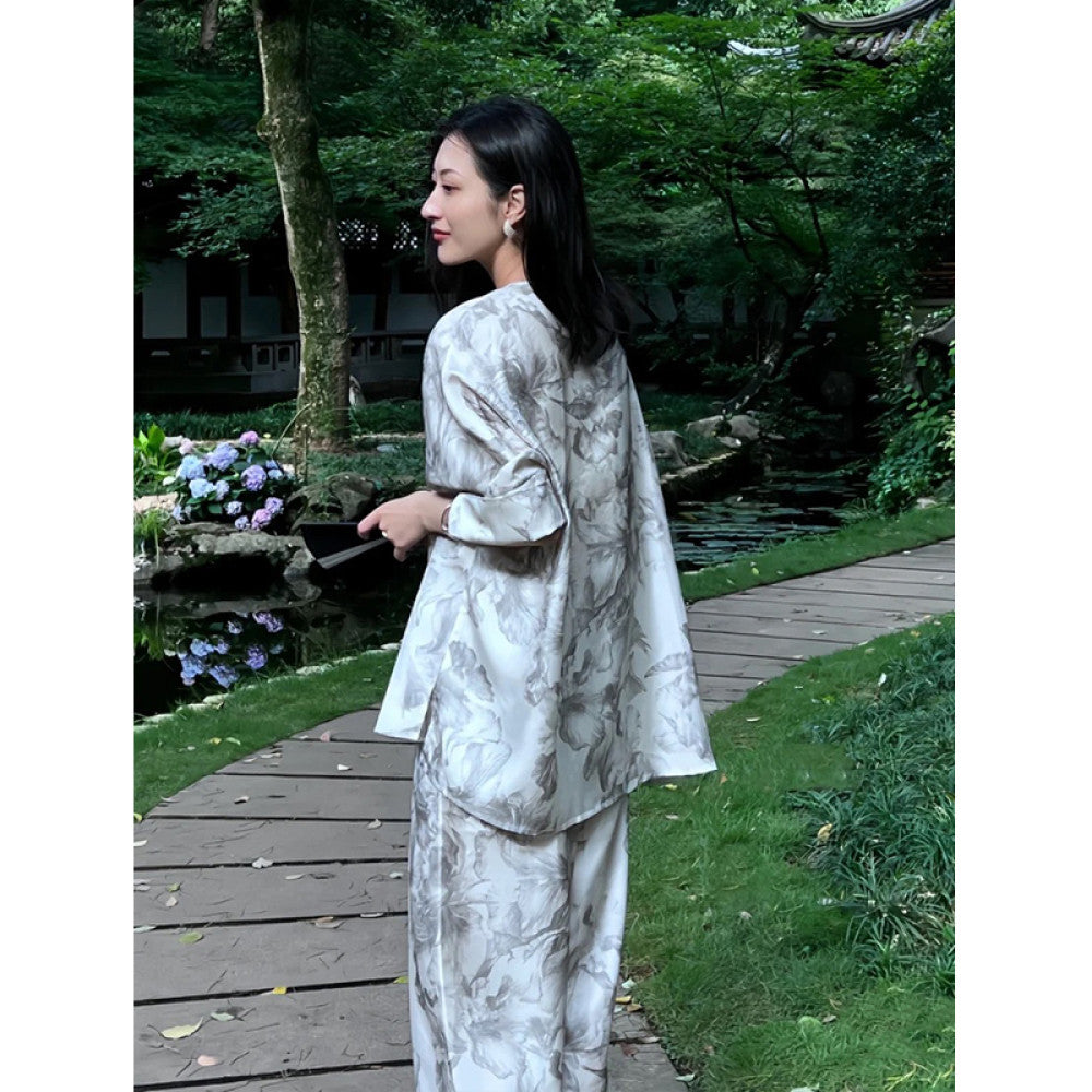 Spot new Chinese style two piece women s high end ink painting printed high waist slimming wide leg pants set image 12