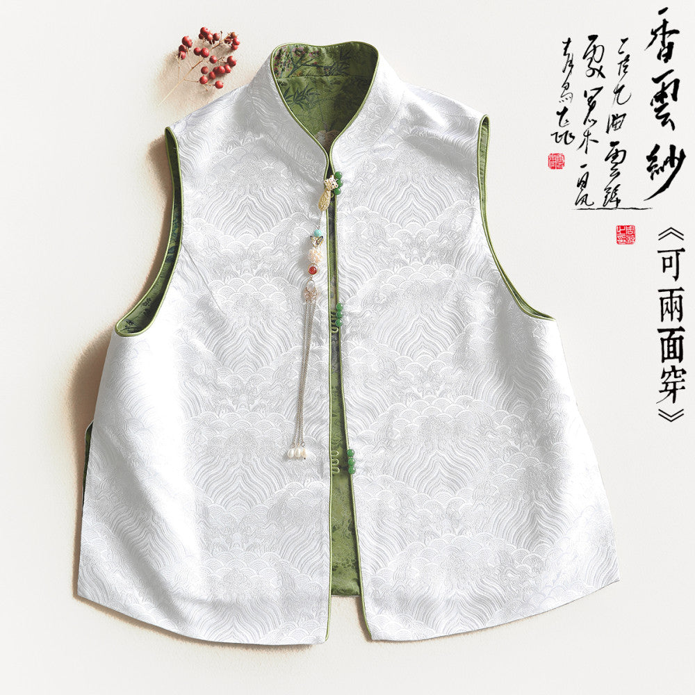 Yun Shu s original brocade splicing and interweaving fragrant cloud gauze wearing Chinese waistcoat on both sides female stand collar China Chic tea dress top image 8