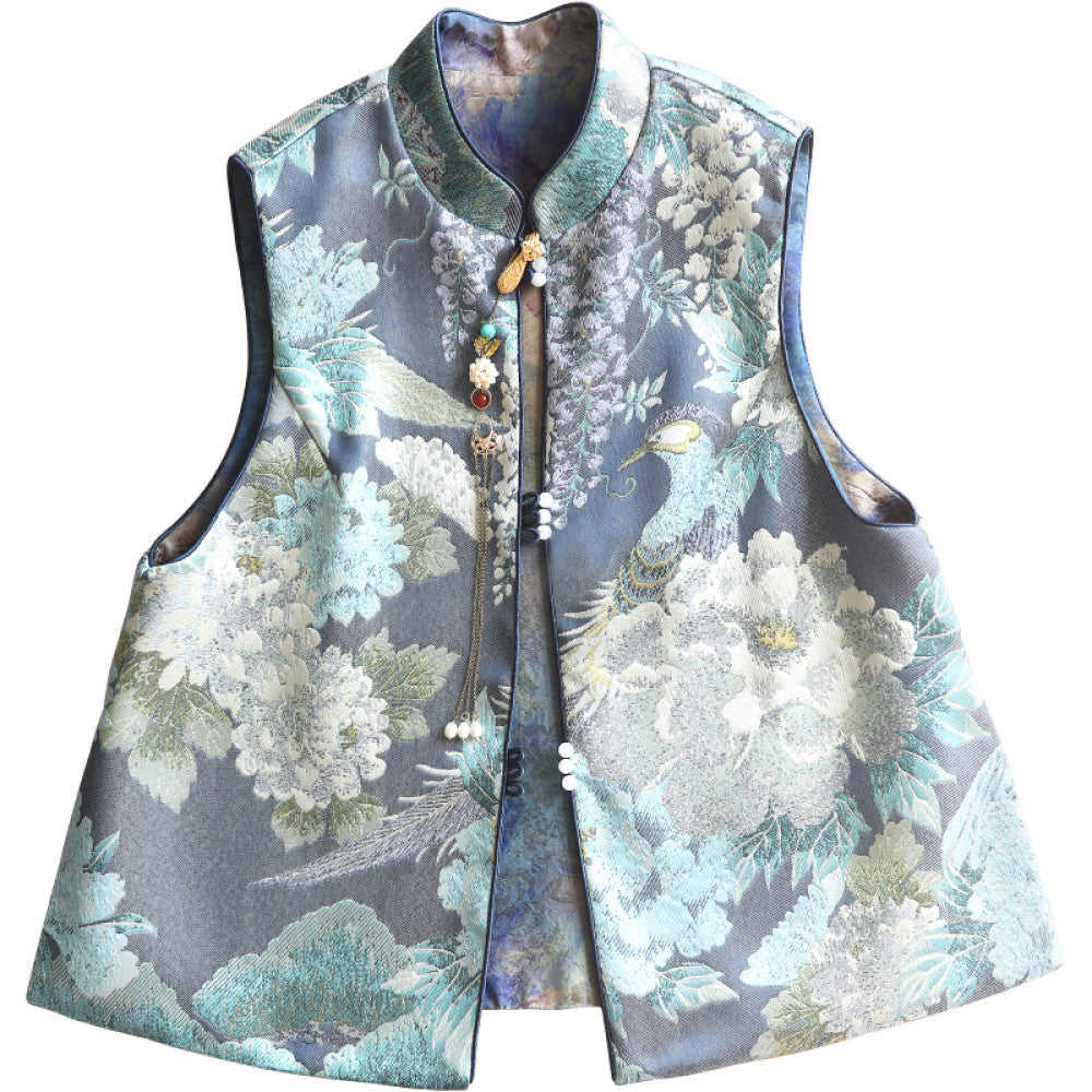 Original by Yun Shu Jacquard Weaving Brocade Splicing Interwoven Fragrant Cloud Yarn Small Vest Two Sided Wearing Young Chinese Tea Robe Shoulder Cover image 9
