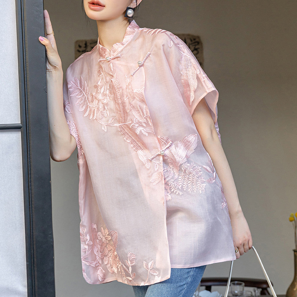 Pink retro embroidered silk shirt for women s summer improved new Chinese style improved loose fit silk top with button closure image 22