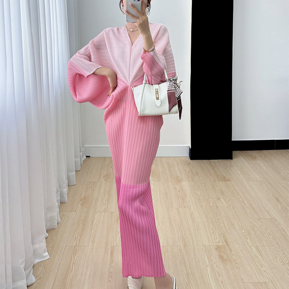 Homestay pleated dress long skirt summer new high end niche temperament color blocking age reducing bat sleeve dress for women thin image 7