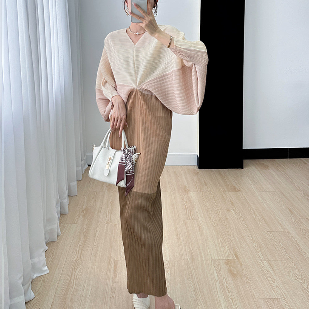Homestay pleated dress long skirt summer new high end niche temperament color blocking age reducing bat sleeve dress for women thin image 11