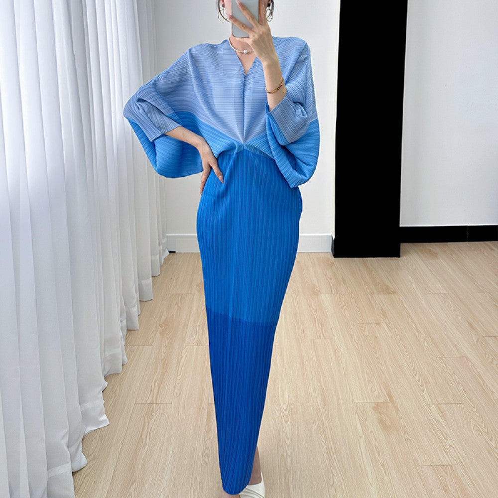 Homestay pleated dress long skirt summer new high end niche temperament color blocking age reducing bat sleeve dress for women thin image 13