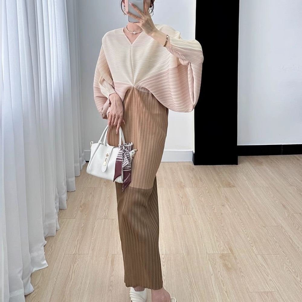 Homestay pleated dress long skirt summer new high end niche temperament color blocking age reducing bat sleeve dress for women thin image 17