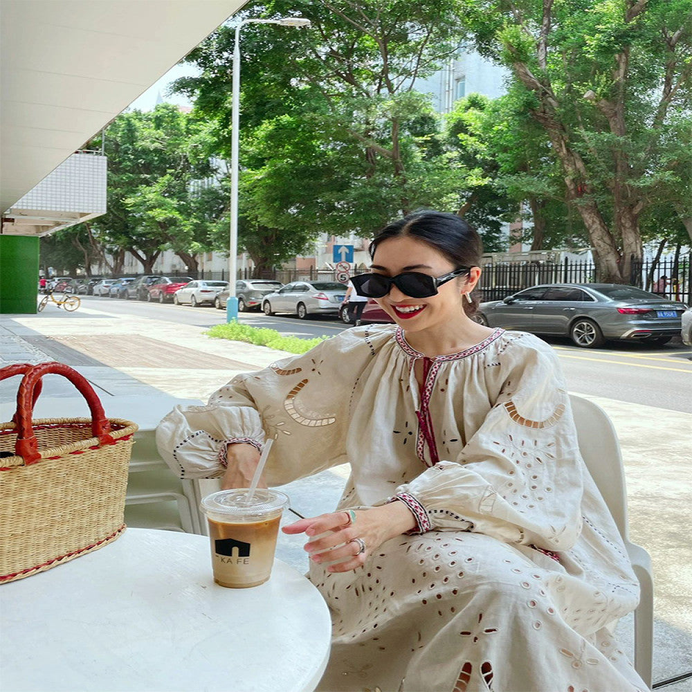 European and American style high end embroidery hook flower hollow out dress for women s summer new style elegant temperament loose cotton and linen long skirt image 1