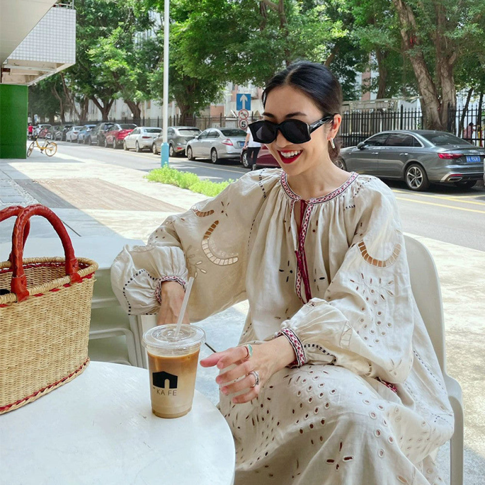 European and American style high end embroidery hook flower hollow out dress for women s summer new style elegant temperament loose cotton and linen long skirt image 6