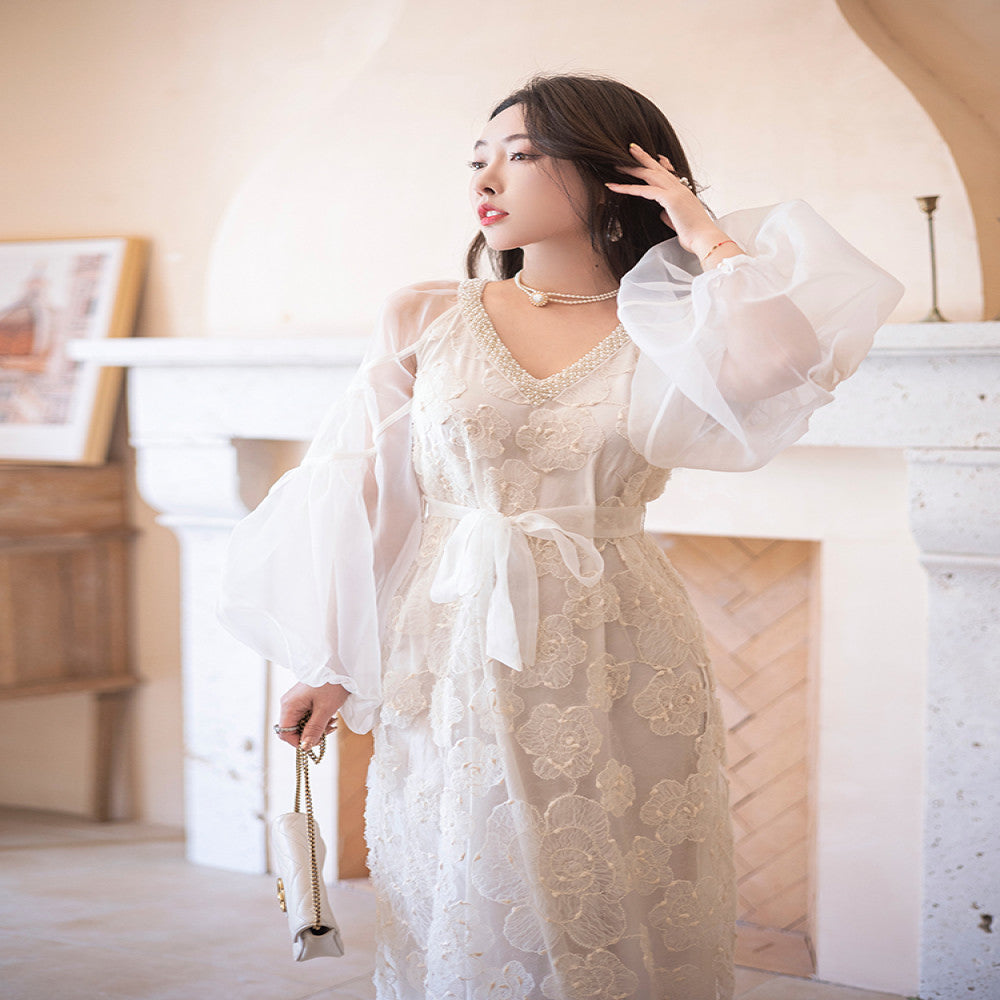ReVe haute couture niche light luxury high end design white French style bubble sleeve dress women s long style image 0