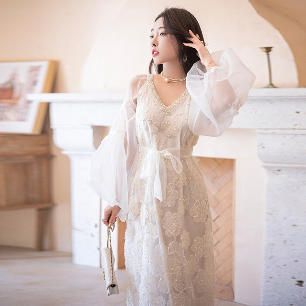ReVe haute couture niche light luxury high end design white French style bubble sleeve dress women s long style image 12