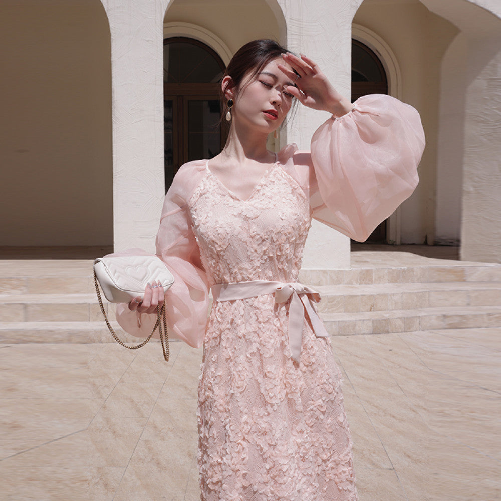 ReVe haute couture niche light luxury high end design white French style bubble sleeve dress women s long style image 16