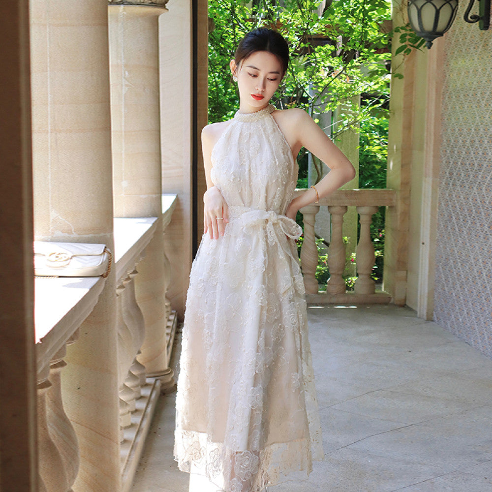 ReVe haute couture niche light luxury high end design white French style bubble sleeve dress women s long style image 29
