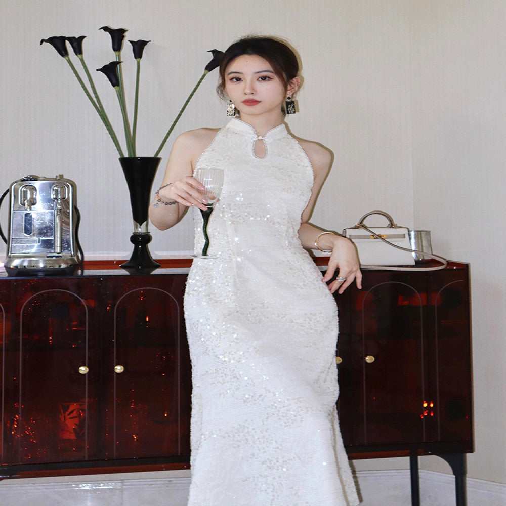 ReVe High Ding Lanling Princess Sparkling Waist Strap Skirt Women s Chiffon Engagement Toast Dress New Chinese Cheongsam image 0