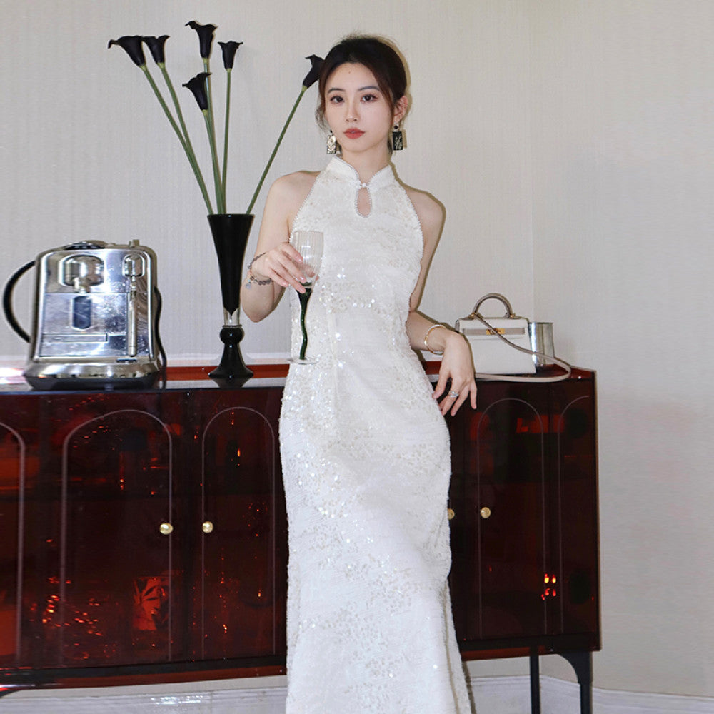 ReVe High Ding Lanling Princess Sparkling Waist Strap Skirt Women s Chiffon Engagement Toast Dress New Chinese Cheongsam image 22