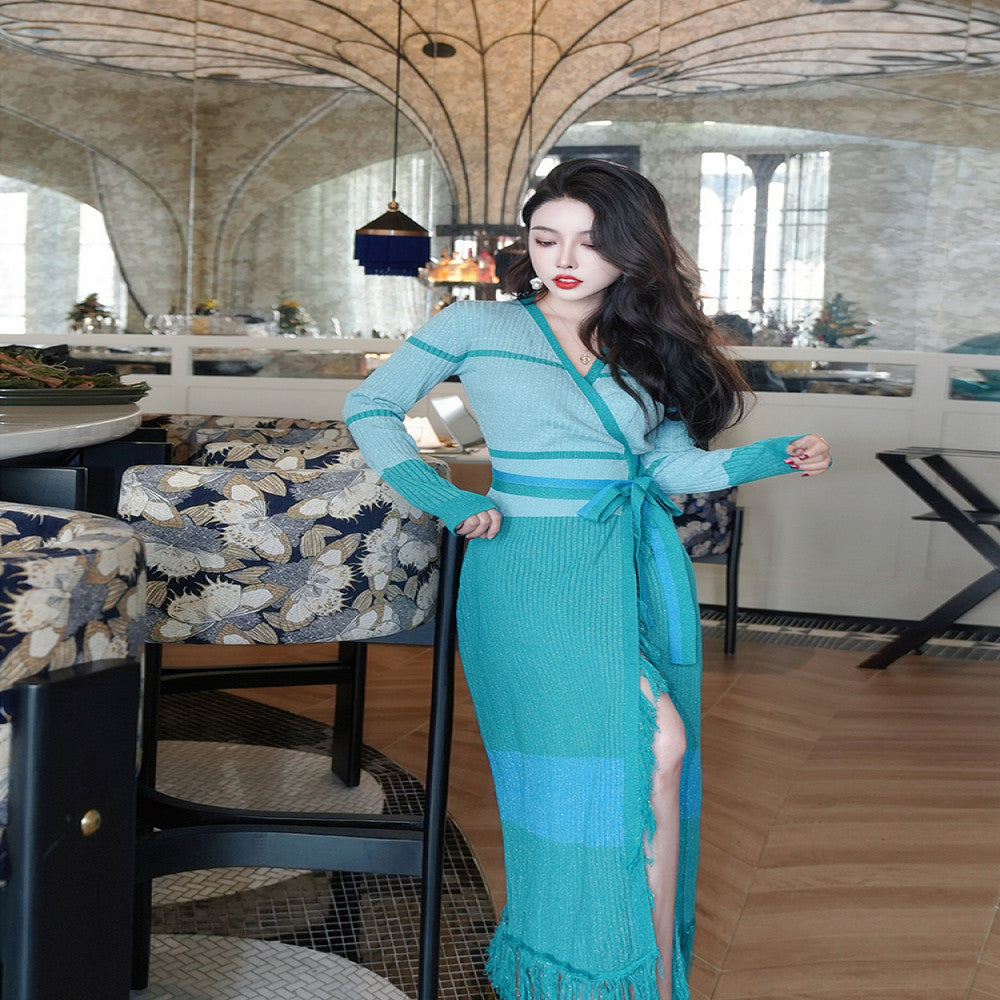 ReVe high end Persian jade design with color blocking cross straps handmade tassel wool knitted dress image 1