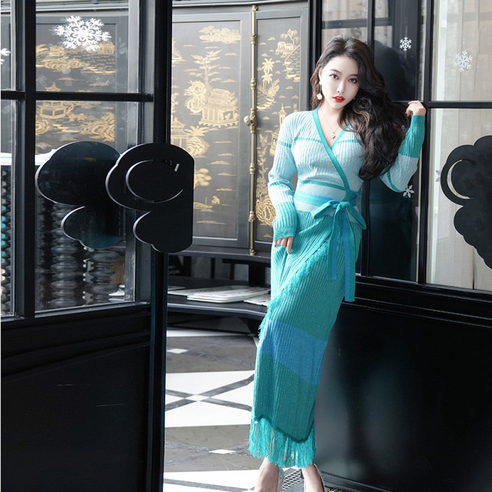 ReVe high end Persian jade design with color blocking cross straps handmade tassel wool knitted dress image 6