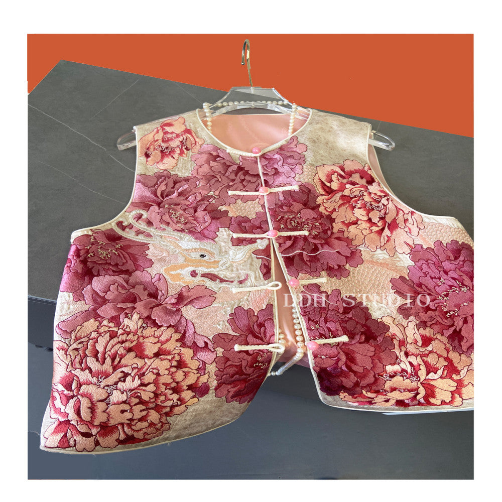 New Chinese style national style peony embroidery vinegar vest 2024 new style buckle retro top image 3